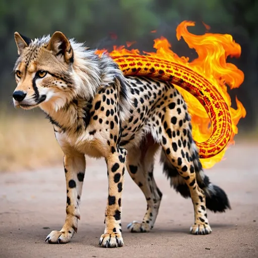 Prompt: Dog wolf cheetah hybrid fire
snake