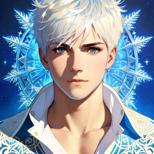Prompt: Upper body portrait of Jack Frost, white spiky hair, tan skin, blue shirt, intricate, detailed face. by Ilya Kuvshinov and Alphonse Mucha. Dreamy, sparkles