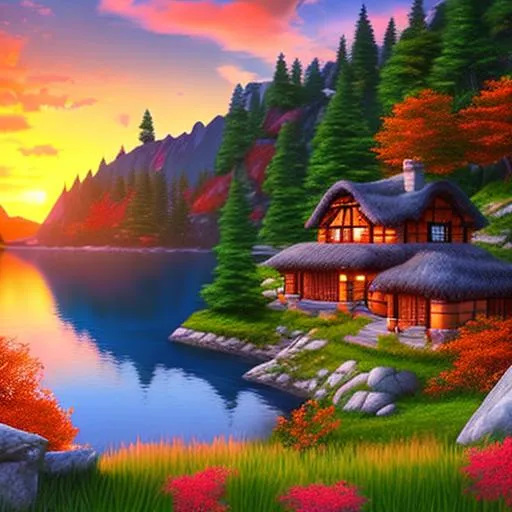 Prompt: Beautiful scenery, high mountain with falling waterfall, grass, stone, rock, beautiful lake with fishes, sunset late afternoon, red orange sky, beautiful cottage, small boat, fantasy animation