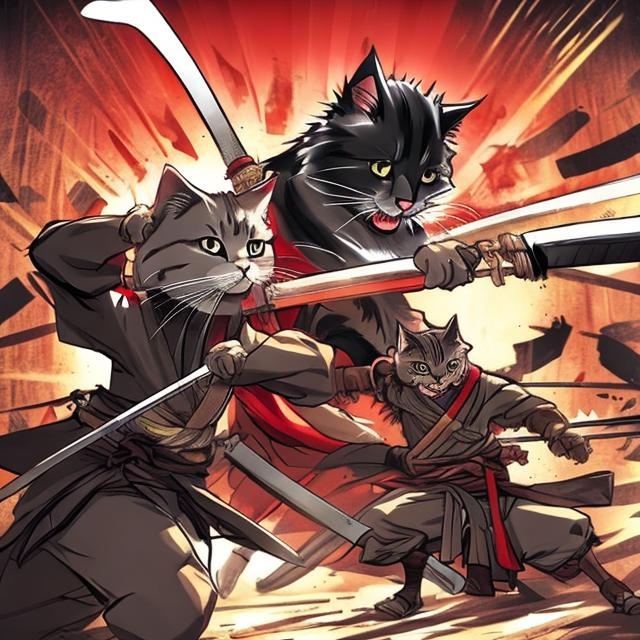 a cat battling a samurai with swords anime type