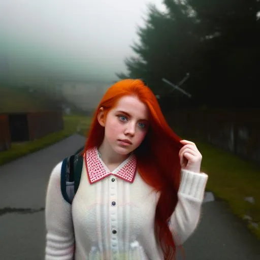 Prompt: straight red hair, freckles, persona 3 school uniform, athletic, cloudy, nighttime, midnight, green moon, dark hour, nightmarish, serial killer, gory scene, alleyway, heavy fog, horror, realistic girl, silent hill, katana in hands, abandoned school, walking calmly, movie poster, faded colors, face camera