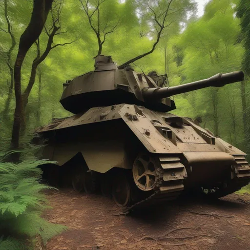 Prompt: An Old War Machine is quietly resting in a forest that once used to be a bustling city, vegetation has grown around it, and animals have taken shelter in its vast crevices.