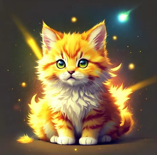 Prompt: Cute, yellow, fluffy, fantasy light kitten, with lighting, yellow eyes, yellow fur, and possessing the element of space and making circles of lighting stripes
 move around in the air in a magical way, in a space background. Perfect features, extremely detailed, realistic. Krenz Cushart + loish +gaston bussiere +craig mullins, j. c. leyendecker +Artgerm.