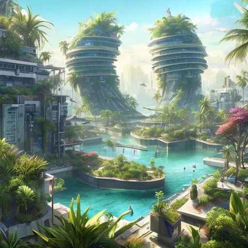 Prompt: futuristic, rooftop garden, chillwave, solarpunk, tropical island, ultra detailed, cinematic lighting, photorealistic, realistic details, wide view