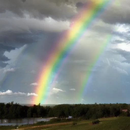 Prompt: A rainbow in the sky after a terrible storm