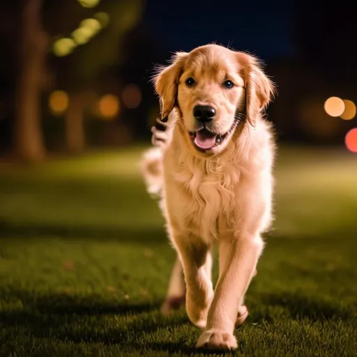 Prompt: Buddy the golden retriever puppy walking home at night by himself 
