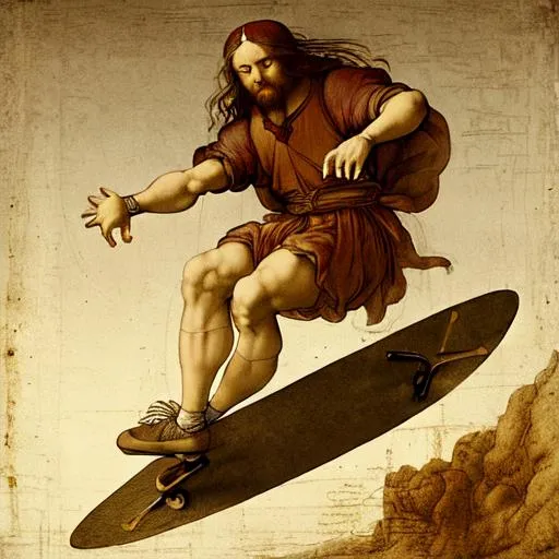 Prompt: leonardo da vinci doing a kickflip 