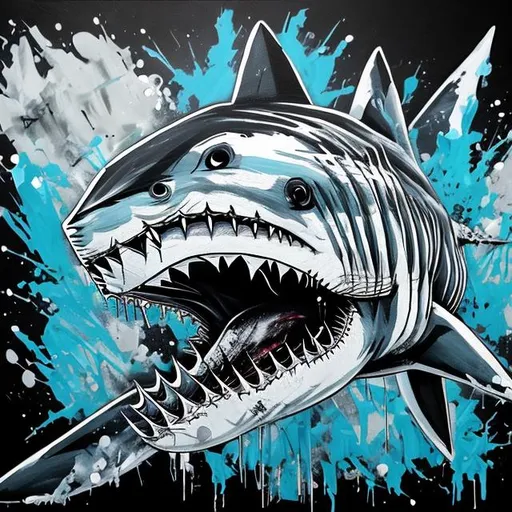 Prompt: Create a painting of a great white shark in black and white graffiti style. 
