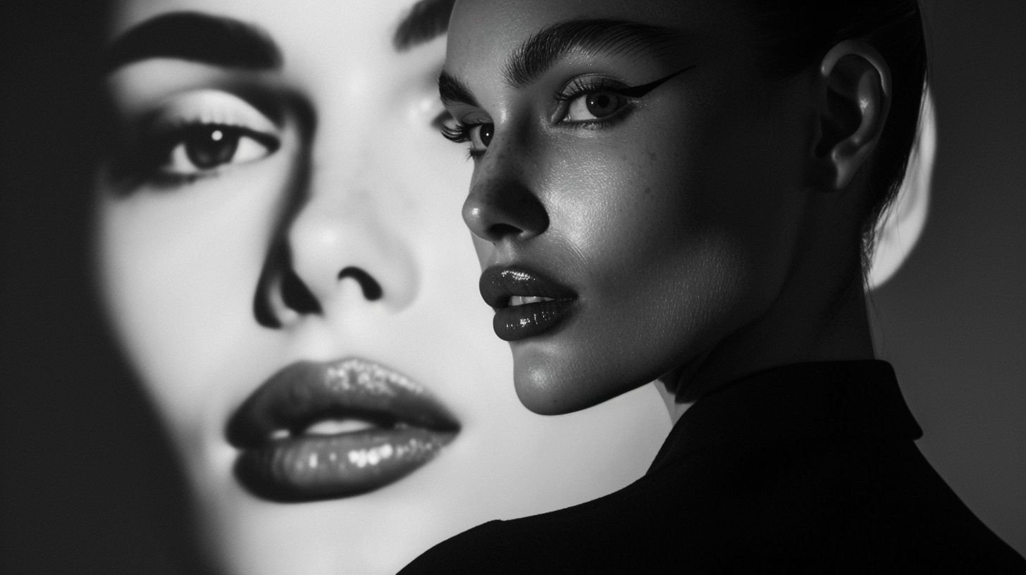 Prompt: high end supermodel pose in front of a big black and white portrait of herself projected around her