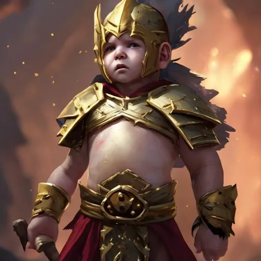 Prompt: baby  gold,  very white scarred skin, covered in bandages, gold tattered cloth armor exposes his midriff, hood of magical mask like,  large gold gem between pecs in chest, Barbarian, Strong, wielding large two-handed great-axe, Fantasy setting,