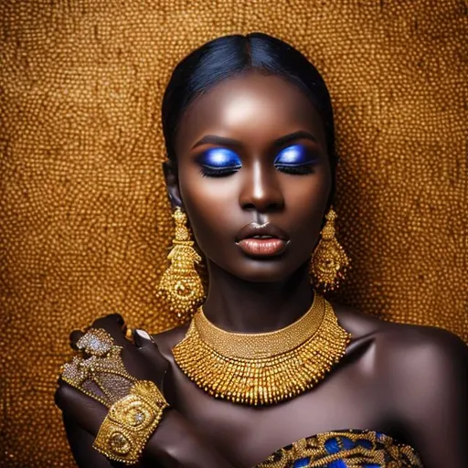Prompt: An Ugandan women with flawless dark skin wearing fine gold jewellery, blue eyeshadow, hands beneath chin, elegant pose, confident look, fashion photography, smooth and dramatic lighting, high quality, looking at viewer