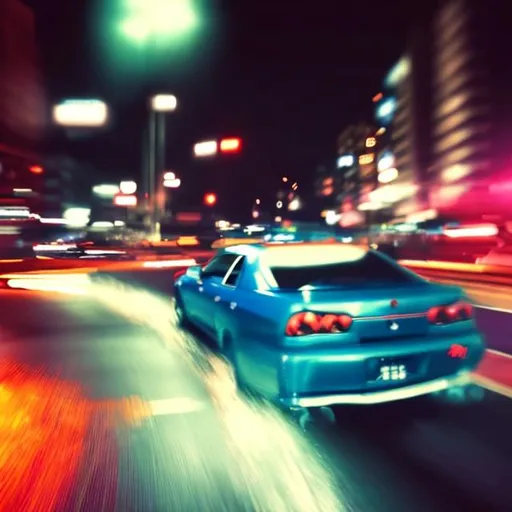 Prompt: nissan skyline car chase, blurred effect, night, city lights, ryan gosling