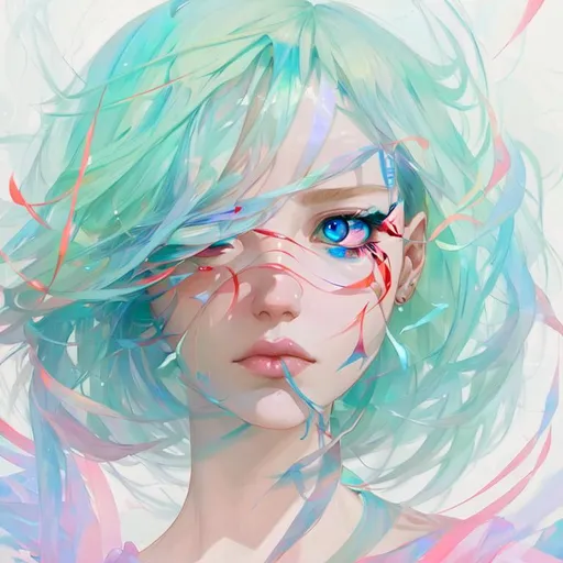 Prompt: Loish, james jean, floating female figure made of ribbons, smoke, in the sky, colorful and vibrant, mystical  colors, contemporary impressionism, yanjun cheng portrait painting, iridescent painting, 3/4 perspective view, exquisite face, low angle, sweeping circling composition, large beautiful crystal eyes, big irises, 
