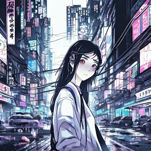 Prompt: An anime girl with an umbrella on the foreground. She is drawing with pencil and in black and white.
On the background a Cyberpunk city with a lots of neon lights