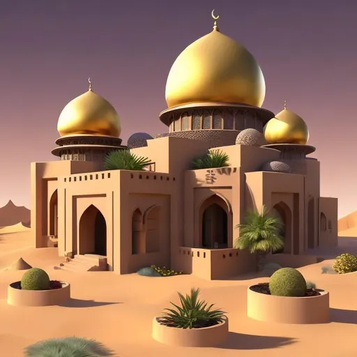 Prompt: Generate an image of a luxurious house primarily composed of square and cylindrical shapes. The roof should have rounded shapes reminiscent of mosque domes. The house should feature rounded observation turrets without roofs, similar to those found in castles. Situate the house in a desert landscape near an oasis, and ensure that the materials used are coherent with the desert environment, digital art,cinematic, ray tracing, 8k,