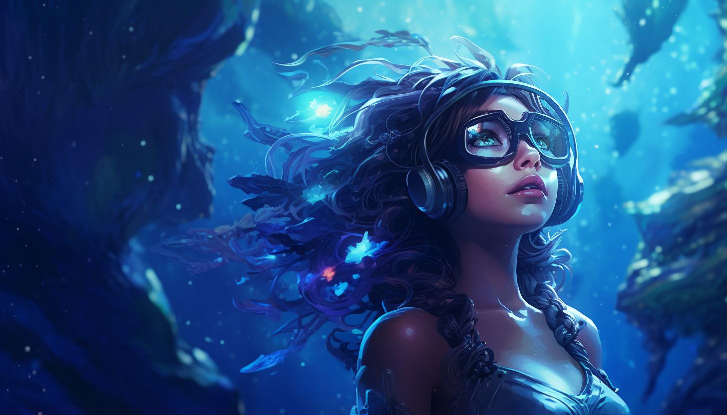 Prompt: a woman in a deep sea environment wearing feathers, starry glasses, in the style of intricately sculpted, concept art, azure, ethereal trees, uhd image, vibrant illustrations