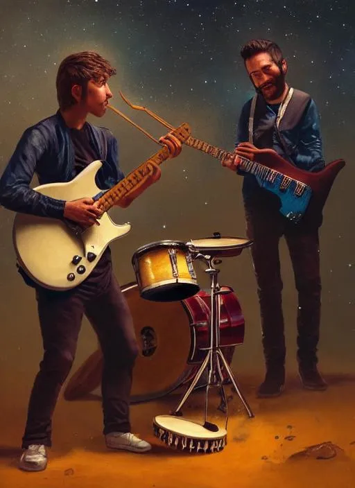 Prompt: Landscape of one white male playing drums sitting and a second Mexican male playing a guitar standing both with a cute face, nebula background , perfect composition, hyperrealistic, super detailed, 8k, high quality, trending art, trending on artstation, sharp focus, studio photo, intricate details, highly detailed, by greg rutkowski