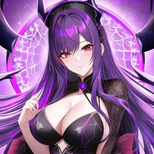 Prompt: Haley 1female. Vibrant purple hair color, styled in sleek, straight locks. highly detailed face, 8K, UHD, a dark and enchanting ensemble with a flowing black gown, intricate spiderweb patterns, and a crown adorned with glistening spider motifs  posing for the camera, young adult
