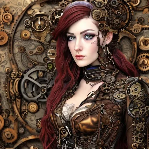Prompt: A paisley painted very close up steampunk woman. Woman has red hair and green eyes. She has a guitar on her back