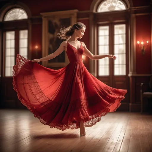 Prompt: beautiful woman in a flowing red dress adorned with delicate lace, exquisite dance hall setting, soft warm tones with gentle lighting, elegant wooden floor polished to shine, romantic ambiance filled with whispers of music, ultra-detailed, cinematic masterpiece, capturing grace and movement as she twirls gracefully in her dress, evoking joy and nostalgia.