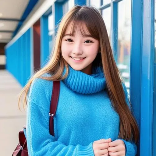 Prompt: blue soft cozy warm happy cute adorable high school girl 17