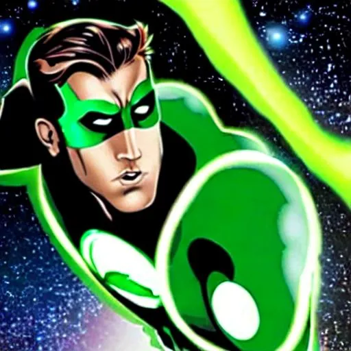 Prompt: Hal Jordan Ryan Reynolds Inspired, Green-Glowing-Cape floating in deep outer-space 