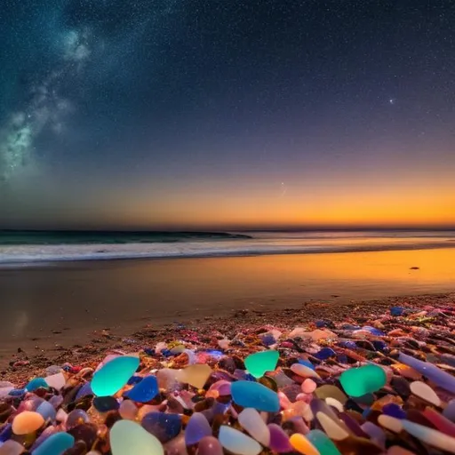 Prompt: Beach with a lot of colorful seaglass during sunset with stars and a comet visible in the sky
