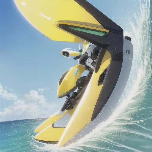 Prompt: 2d, sketch, 1080p, anime, mech, alien, sleek, white with yellow highlights  surfing the sands of a desert.