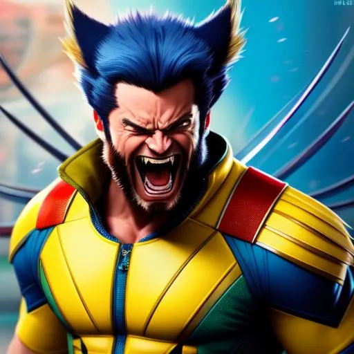 Prompt: hyper detailed, hyper artistic, hyper futuristic, hyper realistic, hyper unique, hyper unseen of too colored laughing Wolverine from X-Men, 4k