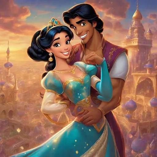 Prompt: Vivid, detailed, Disney classic art style, Jasmine Disney princess, smiling, sparkling glittering gown, anime, bow, visible cleavage, on flying carpet, hugging prince, flying over Arabian castle