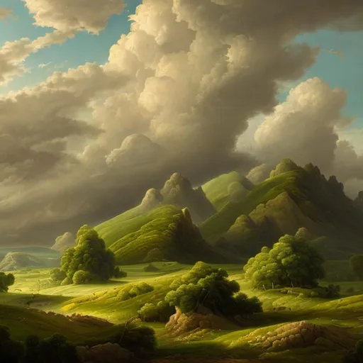 Prompt: painting in high resolution and detail of a green landscape with a sky full of clouds and huge black mountains