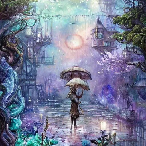 Prompt: Watercolor, wet on wet , steampunk building in the center of a beautiful fantasy forest, sunrise, petals rain, watercolor patchwork landscape village art by Daniel Merriam, Josephine Wall, Jeremy Lipkin,  Alayna Danner, holographic reflection, glossy, wet, shimmer, cinematic smooth, super clear resolution,  intricate, highly detailed, crispy quality, dynamic lighting, hyperdetailed and realistic, fantastic view