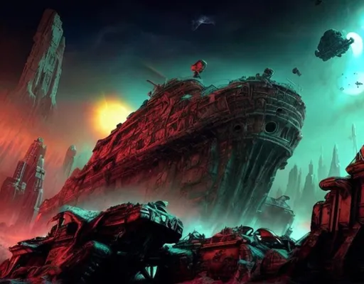 Prompt: space ship wreck dead city Ancient ,lasers zombies