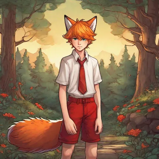 Prompt: a cute  18 years boy with fox ears and tail. Blond-red hairs. He wears a white shirt and red shorts. In background a wood. Changeling the Dreaming art. Rpg art. 2d art. 2d. well draw face. Detailed. 