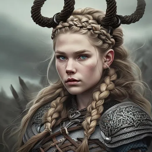 Prompt: Hyper detailed Viking queen with braided hair and small crown


