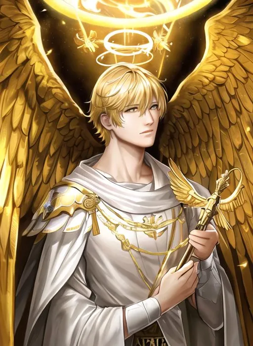 Prompt: Angel, halo, radiant golden light, seraph, six wings, photo realistic, Male, warrior, ancient, wallpaper, St michael, catholic, archangel, handsome, Male face, masculin face, 37 years old, Spears, fire, 16k