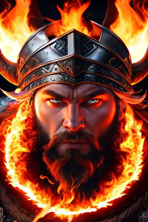 Prompt: Hyper-realistic, front-view close-up portrait of a furious Viking bursting into flames, smoke, embers, (symmetrical composition)+, (eye contact)+, epic, celestial, moody, cinematic lighting, lens flare, highly detailed, sharp focus, octane render, HDRI, intense, dramatic, warm colors, fiery effect, professional, 35mm, 8k, IMAX, (mouth closed)+, viking helmet on his head, dark studio, low key, high contrast, dark background, flawless detail, award-winning, expertly crafted, detailed pupils, unreal engine