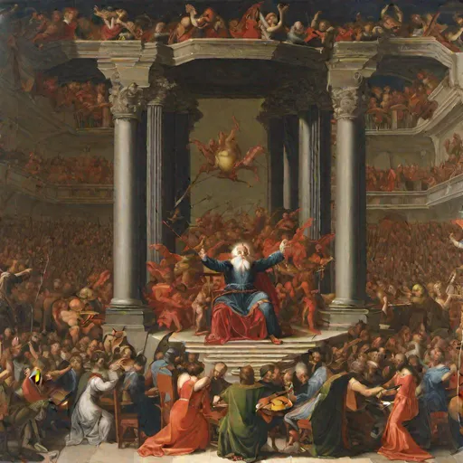 Prompt: painting of "God conducting the orchestra playing a private symphony to the Devil on a throne in the center of the stage" in renaissance style