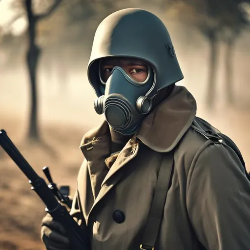 Prompt: Soldier wearing gas mask in a trench