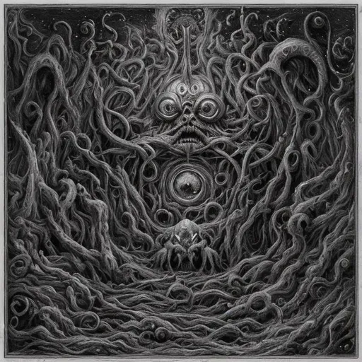 Prompt: Outside the ordered universe, where no dreams reach, amorphous, nethermost confusion, blasphemy, centre of all infinity, the boundless Daemon, Azathoth, gnaws hungrily, inconceivable, unlighted chambers, beyond time, maddening, vile drums, monotonous, accursed flutes