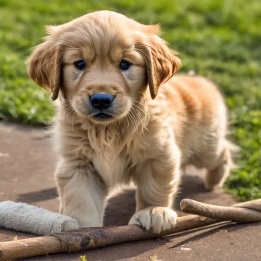 Prompt: Cute golden retriever puppy holding stick