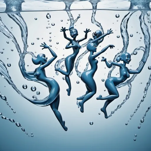 Prompt: Water moves in patterns forming images of cool cartoon characters dancing. Everything in the image should look like it is made of nothing but water.
