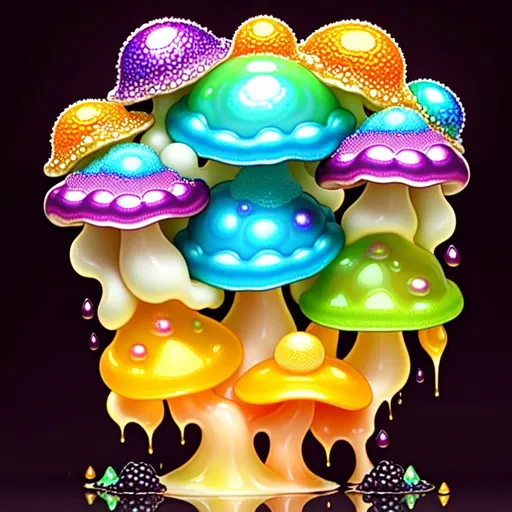 Prompt: Iridescent rainbow mushrooms bursting into tangerine spun sugar. Pearly spheres of goo. Sorbet fungi leaning into one another with matching bouffants. molds like bright yellow blackberries. Golden fungal goblets overflowing with effervescent honeycomb. Opalescent slime spherules in crinkled sweet wrappers.  intricate patterns. slime mold, myxomycetes, global illumination, occlusion, volumetric lighting, wide angle shot,  photography by Barry Webb, Ernst Haeckel 128K UHD Unreal Engine 5, octane 