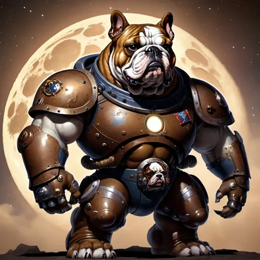 Prompt: brown Bulldog head on a human body, space marine, full body view, with large full moon in the background 
anthropomorphic

