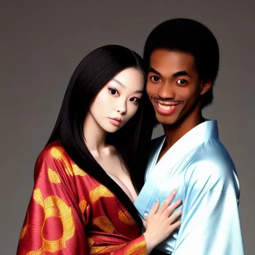 Prompt:  full body photograph of a couple hugging, one is musclar tall African American man wearing a prince's outfit with short hair is looking into the eyes of the female and one is a  20 year old Korean women with pale skin long straight hair and wearing a short kimono and looking into his eyes with a blue sky behind them, portrait, fantasy, medieval, vivid colors, elegant, concept art, sharp focus, beautiful face, digital art, Hyper-realistic, 4K, Unreal Engine, Highly Detailed, HD, Dramatic Lighting by Brom, trending on Artstation