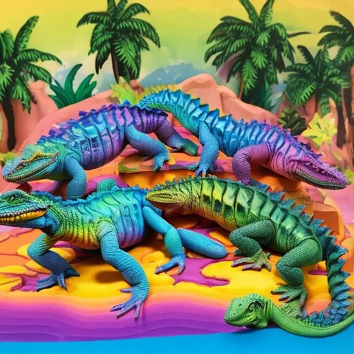 Prompt: Lisa frank style reptiles diorama