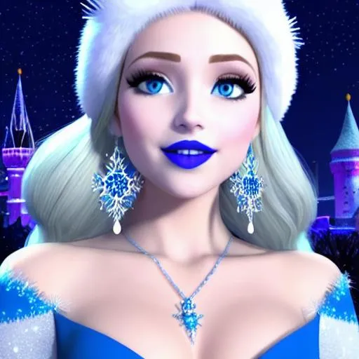 Prompt: Ice Queen Kayleigh McEnany, Elsa, eating blue ice cream in winter palace, blue lipstick, city skyline, windy and snowing, blue heart necklaces, Large frozen Ball Gown, pleasant face, blue eyes, Black-purple eyeshadow, Sugar Hat, extremely large ice earrings. Cold color scheme, ultradetailed, 8k resolution, perfect, smooth, high quality, shiny. 