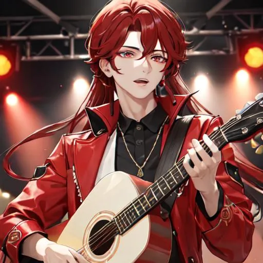 Prompt: Zerif 1male (Red side-swept hair covering his right eye) singing and playing the guitar at a concert, UHD, 8K, highly detailed, spotlight on him, close up