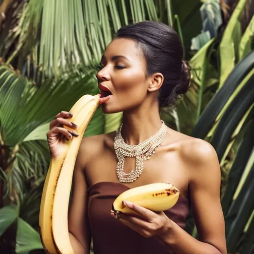 Prompt: An elegant woman eats a banana under a palm
