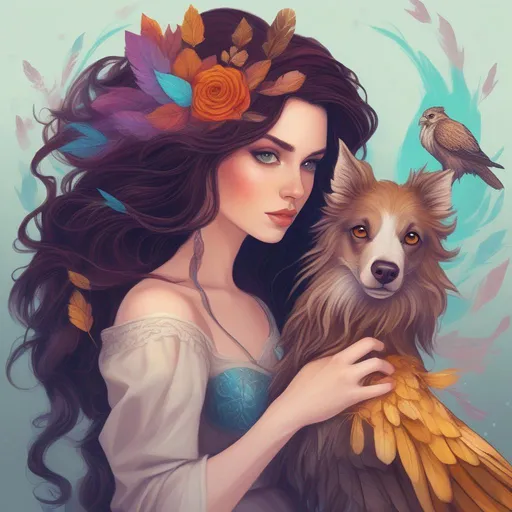 Prompt: A colourful and beautiful Persephone, brunette hair and with her hair being made out of magic, with her pet Griffon in a painted style